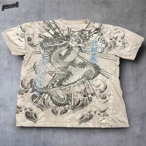 LA Ink Shirt Mens Large Beige Dragon Tattoo Graphic Mineral Wash Short Sleeve